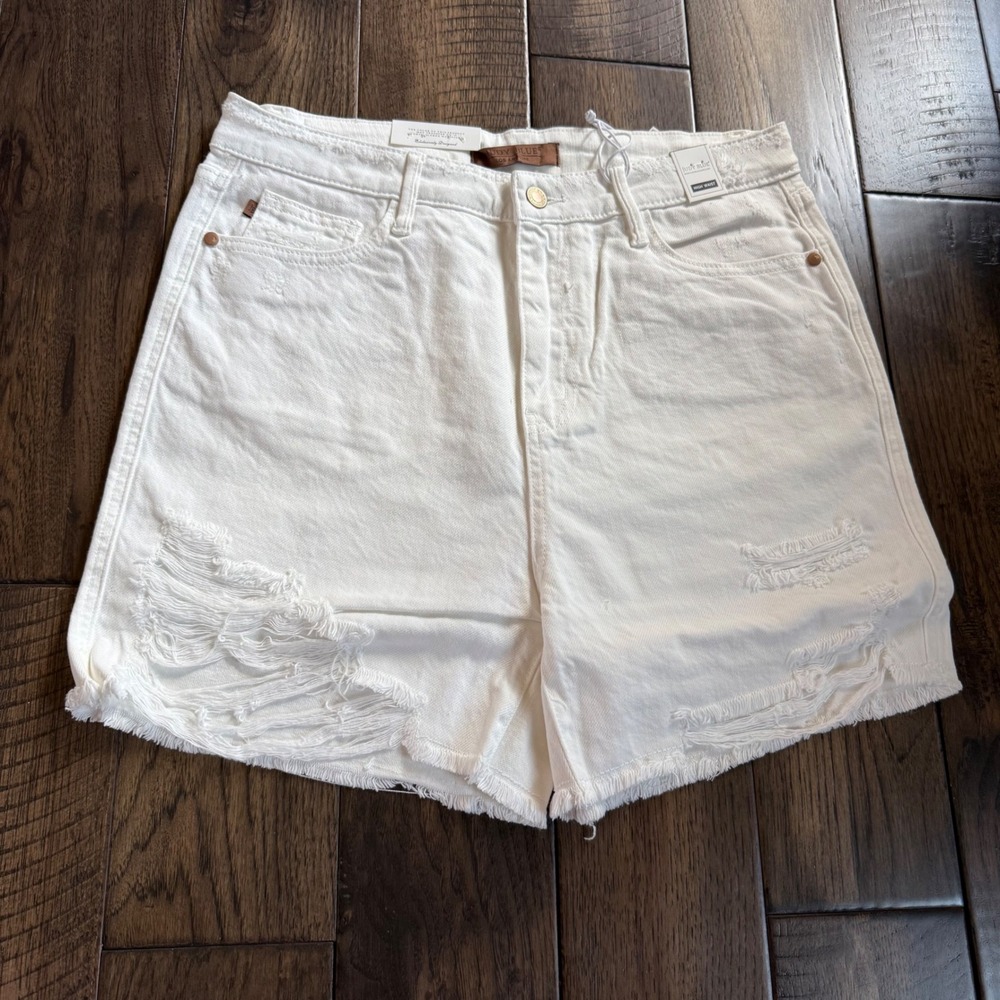 Judy Blue NWT White Distressed High Waist Denim Shorts Rigid Front Stretch XL